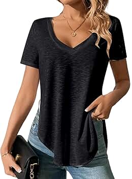 Remidoo Women's Side Split Tees V Neck T Shirt Curved Hem